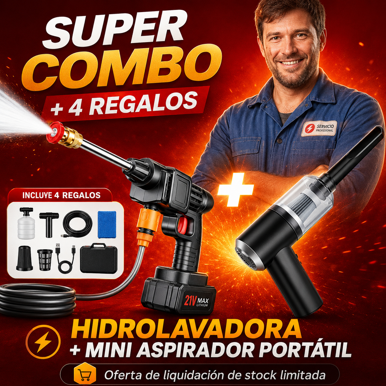 COMBO POWER CLEAN: HIDROLAVADORA + ASPIRADORA PORTÁTIL (DOBLE BATERÍA + MALETÍN)