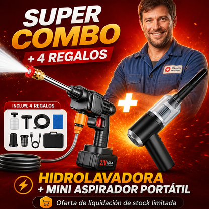 COMBO POWER CLEAN: HIDROLAVADORA + ASPIRADORA PORTÁTIL (DOBLE BATERÍA + MALETÍN)