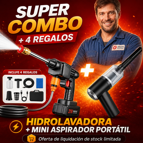 COMBO POWER CLEAN: HIDROLAVADORA + ASPIRADORA PORTÁTIL (DOBLE BATERÍA + MALETÍN)