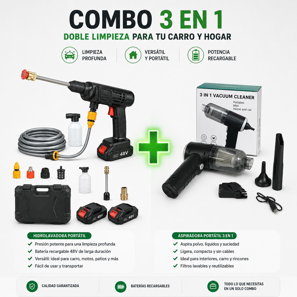 COMBO POWER CLEAN: HIDROLAVADORA + ASPIRADORA PORTÁTIL (DOBLE BATERÍA + MALETÍN)